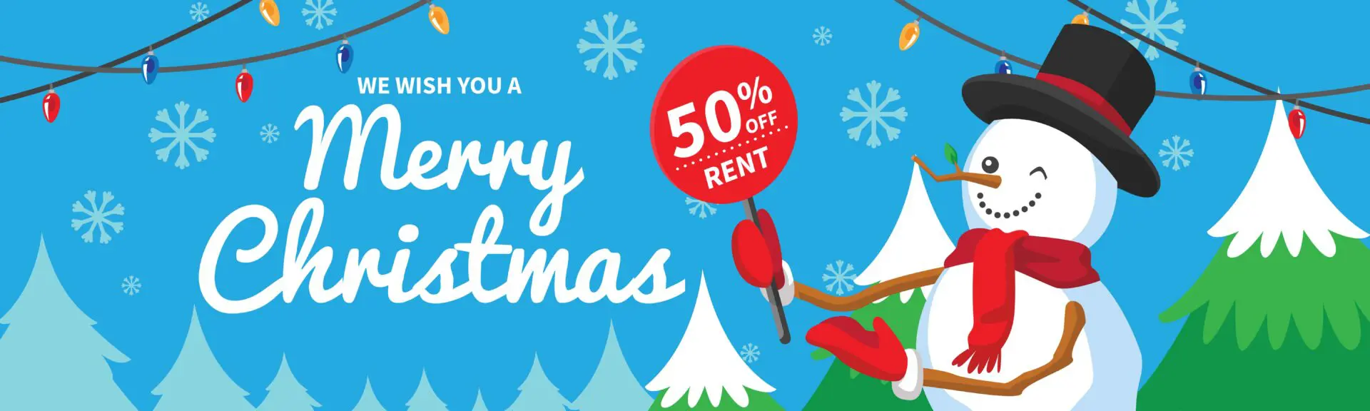 Snowman with Christmas greeting and discount sign.