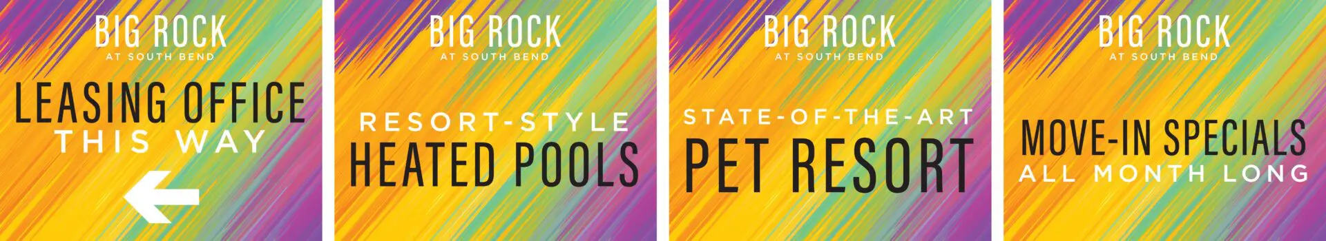 Colorful apartment amenities promotional banners.