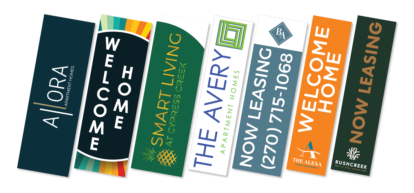 Apartment leasing promotional banners.