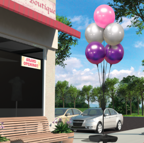 Boutique grand opening with colorful balloons outside.