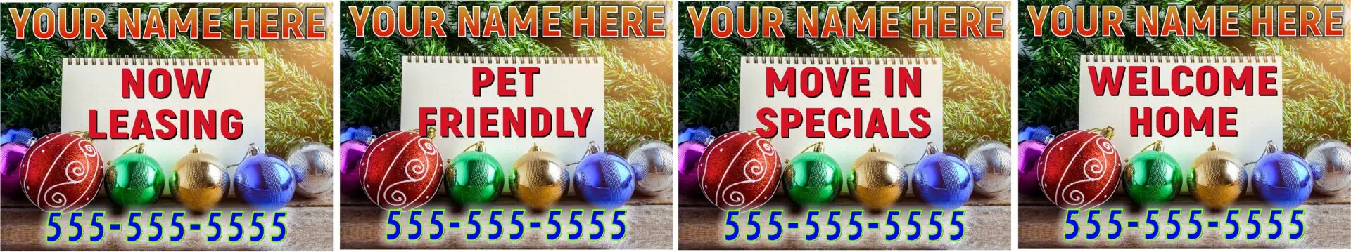 Apartment leasing signs with contact information.