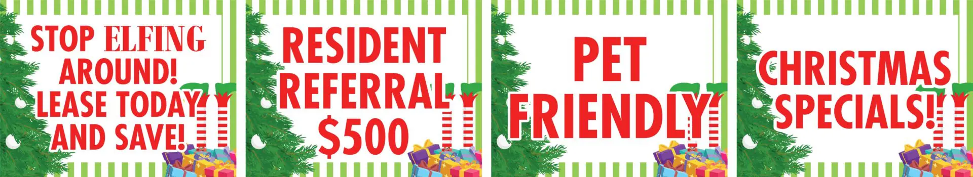 Christmas themed promotional apartment offers advertisement.