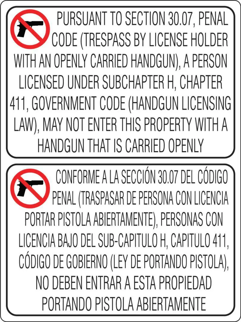 No openly carried handguns, English and Spanish signs.