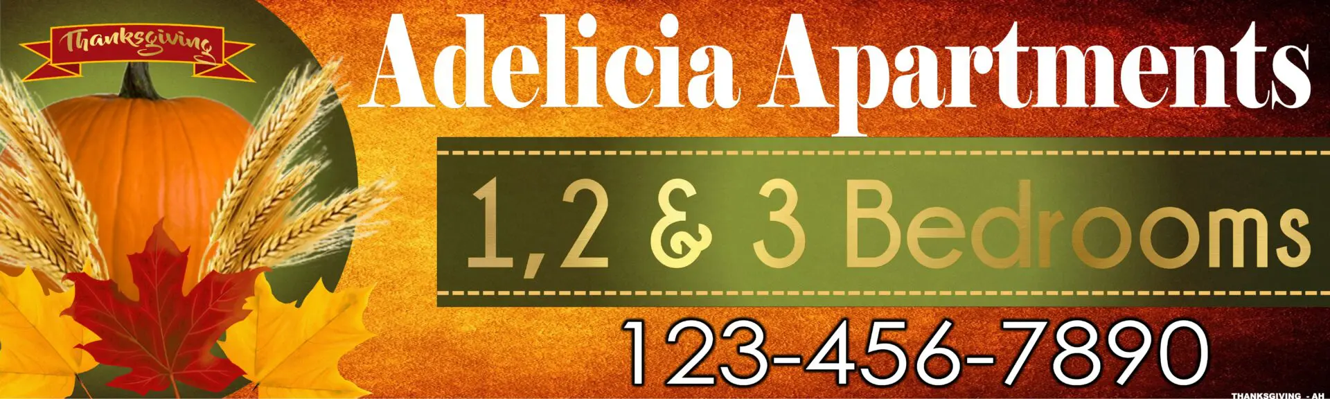 Adelicia Apartments Thanksgiving-themed advertisement banner.