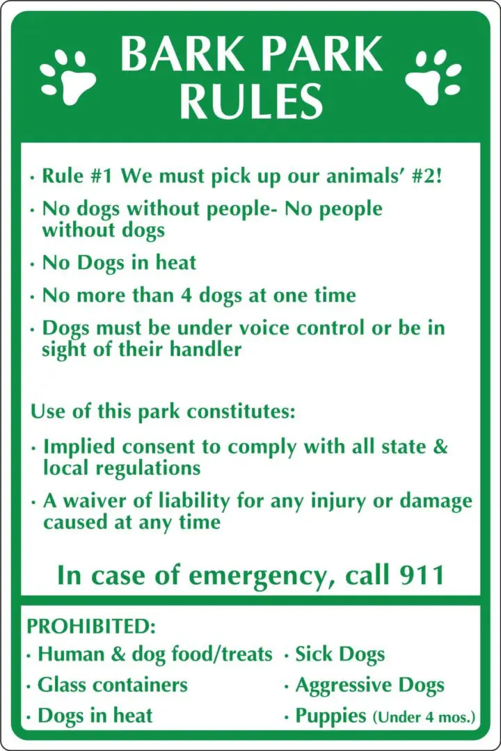 Bark park rules sign with emergency instructions.