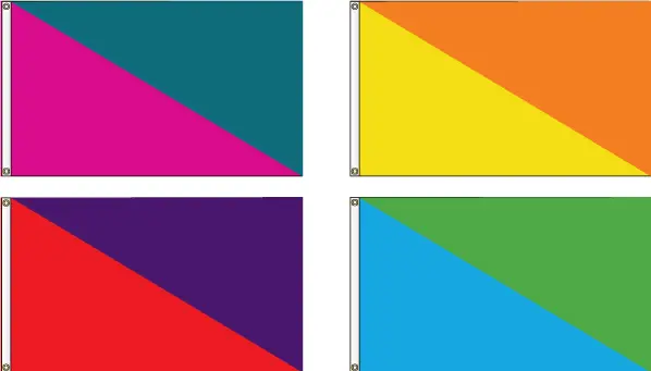 Four colorful flags with diagonal designs.