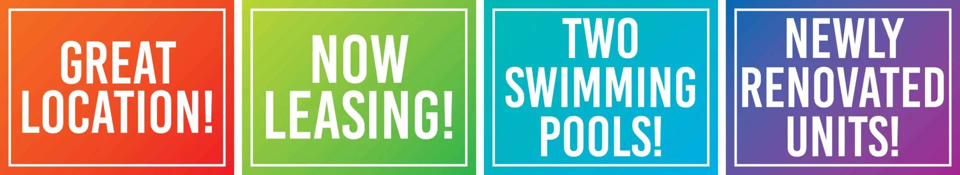 Colorful promotional apartment leasing signs.