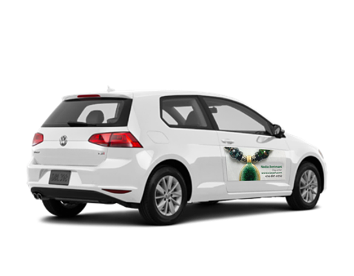 White car with jewelry advertisement on door.