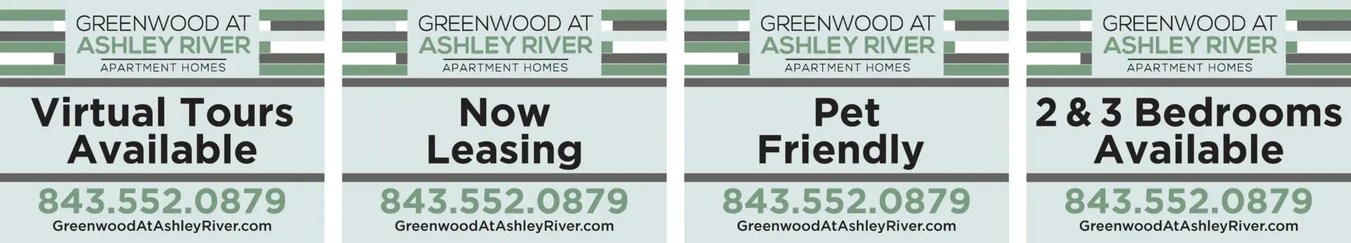 Apartment leasing options and contact information.