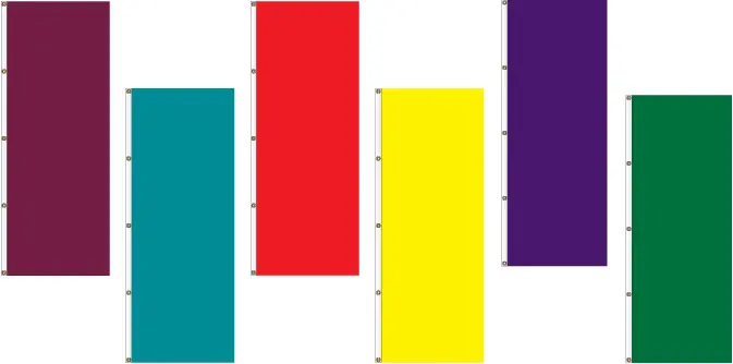 Six vertical colorful banners in a row.