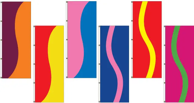 Colorful banners with wavy abstract designs.