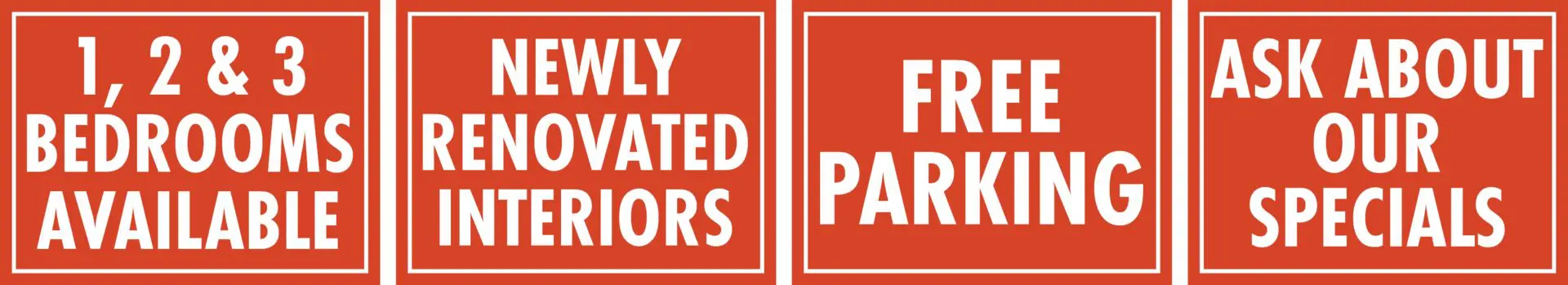 Apartment amenities and specials advertisement signs.