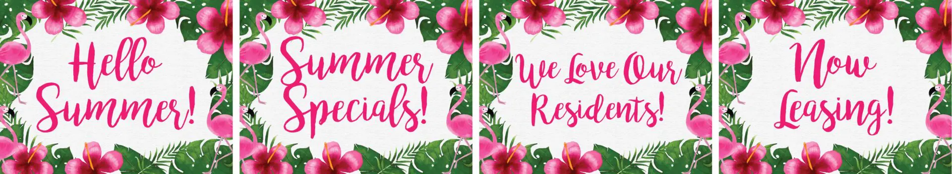 Floral banners with summer-themed messages.