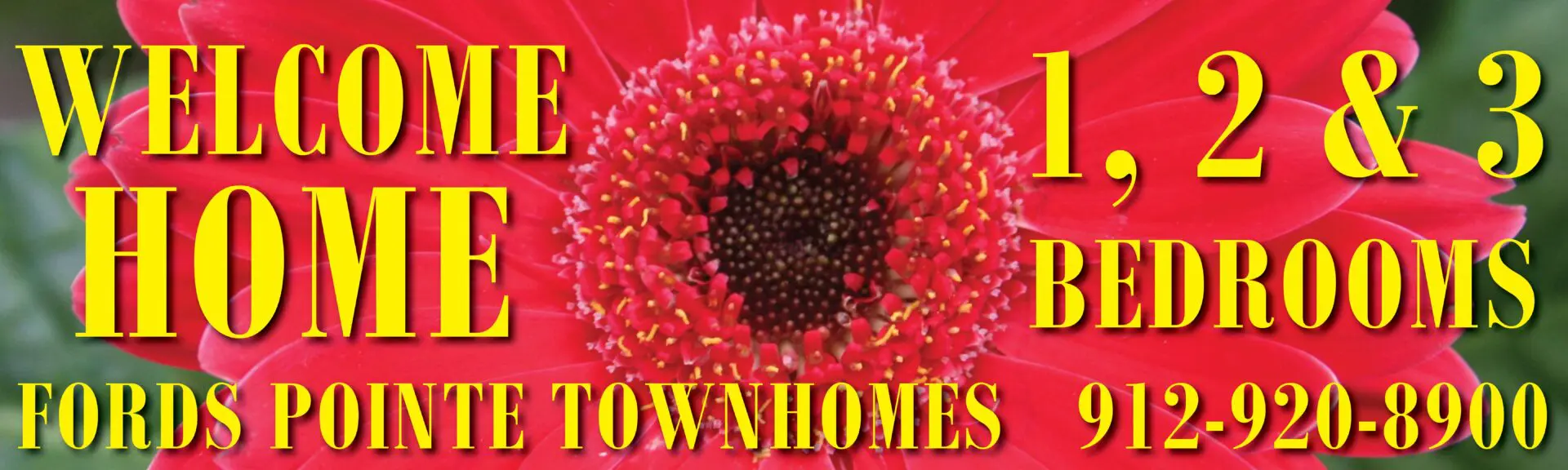 Welcome home banner, Ford's Pointe Townhomes.