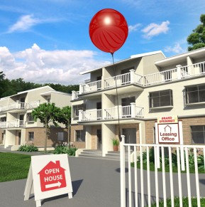 Apartment building with open house signs.