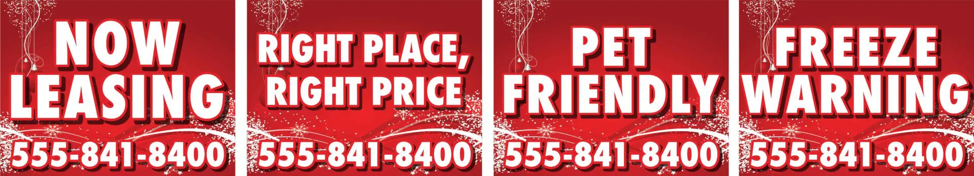 Red signs with leasing and warning messages.