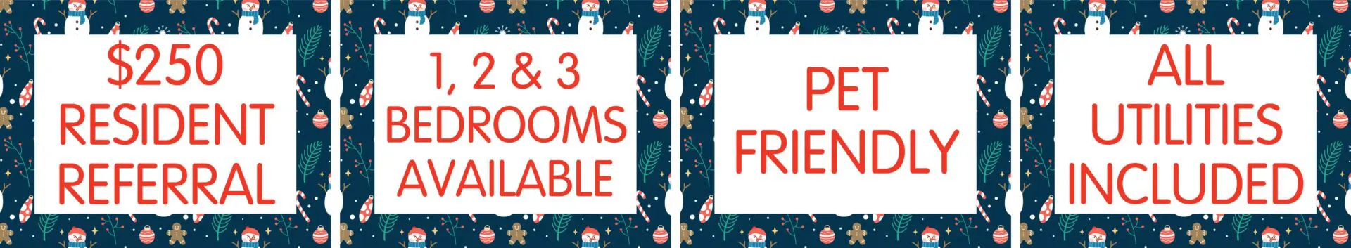 Apartment features and referral incentive details.