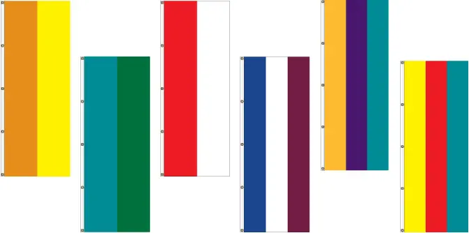 Vertical striped flags in various colors.
