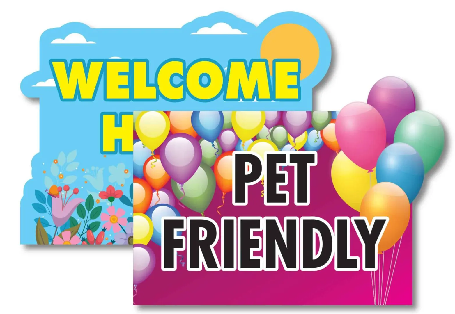 Colorful signs with "Welcome Home" and balloons.