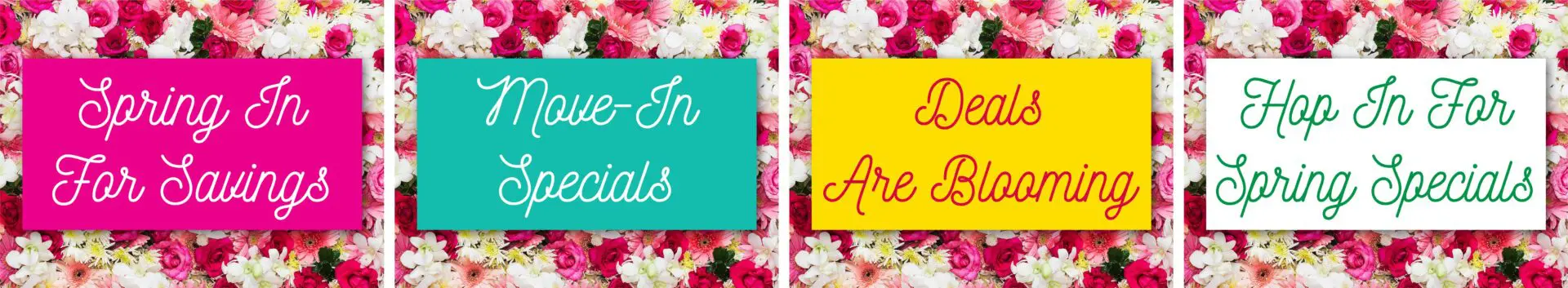 Colorful spring-themed promotional text on flowers.