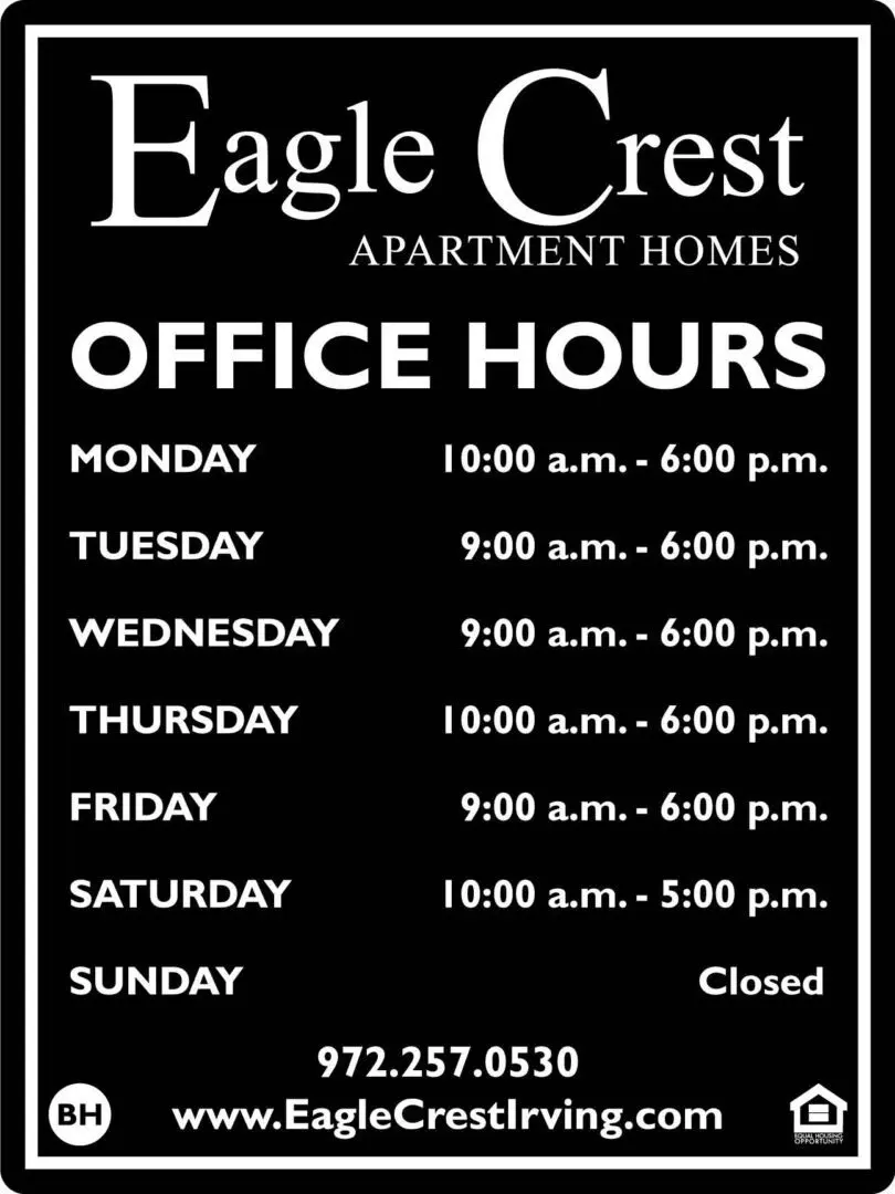 Eagle Crest Apartment Homes office hours sign.