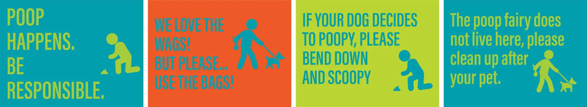 Pet waste responsibility signs with illustrations.
