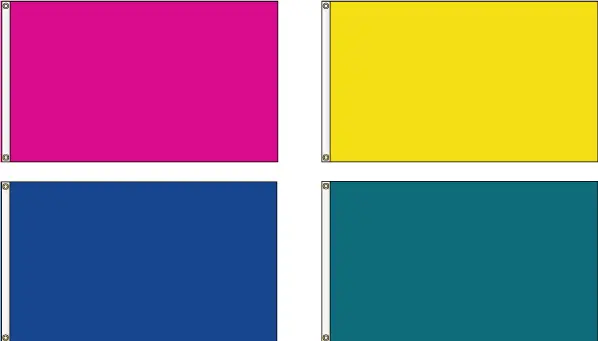 Four colorful rectangular flags in a grid.