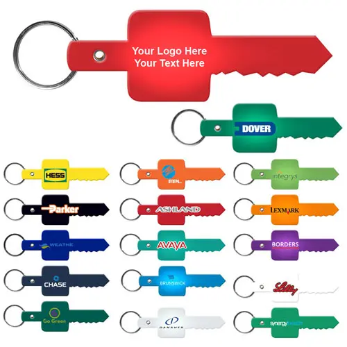 Colorful keychains with customizable logos displayed.