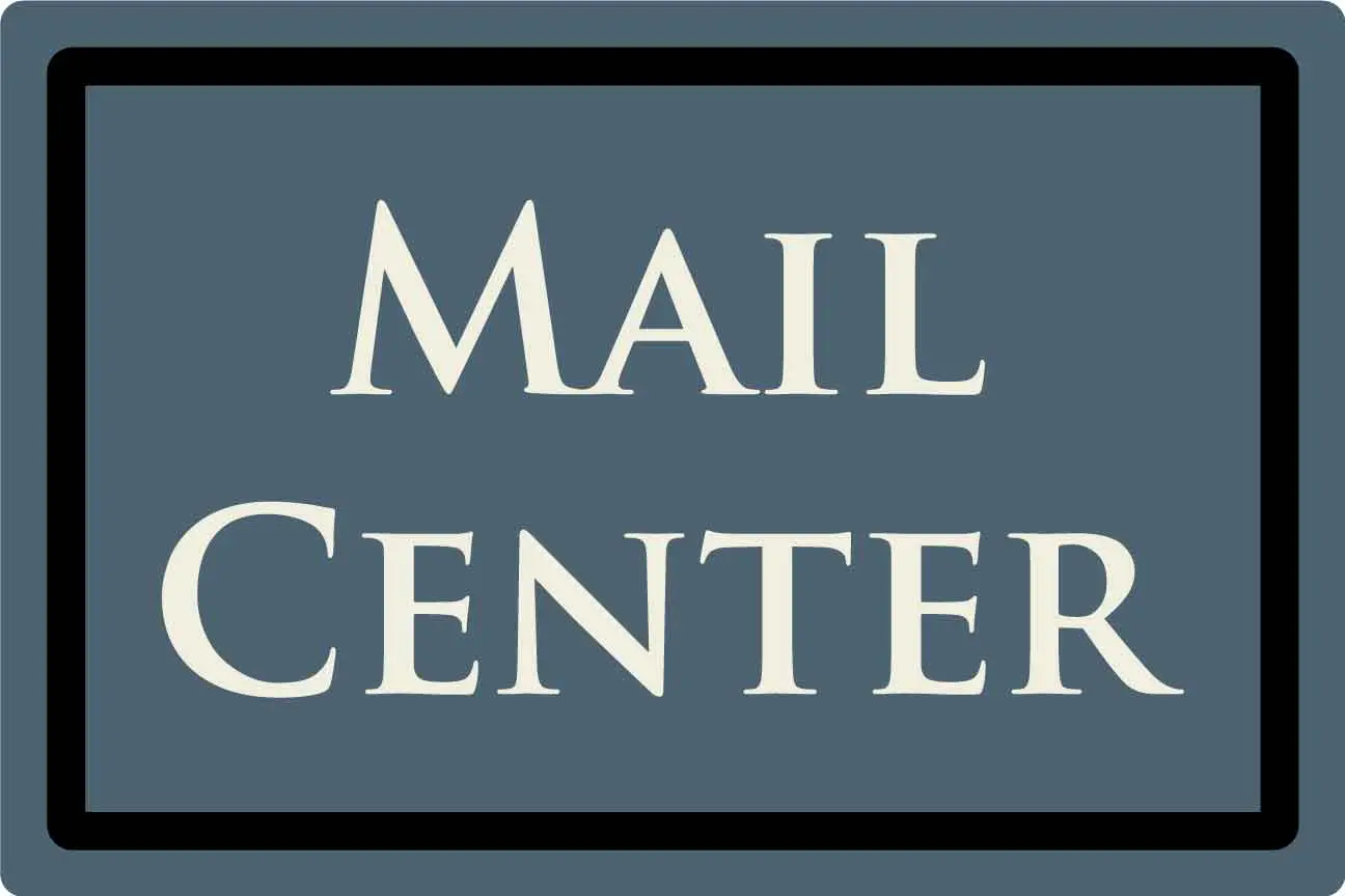 Mail Center sign with blue background.