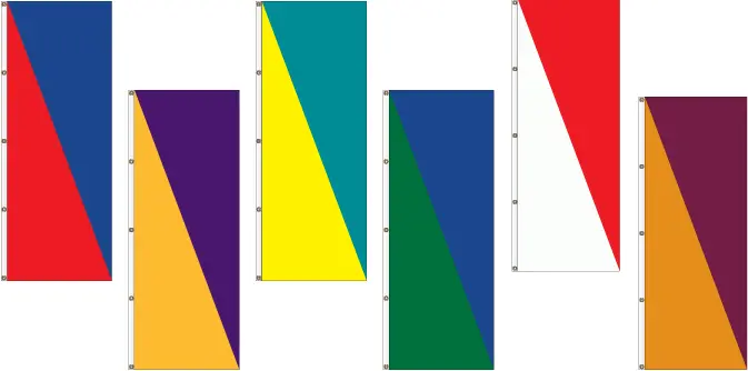 Colorful vertical banners with diagonal designs.
