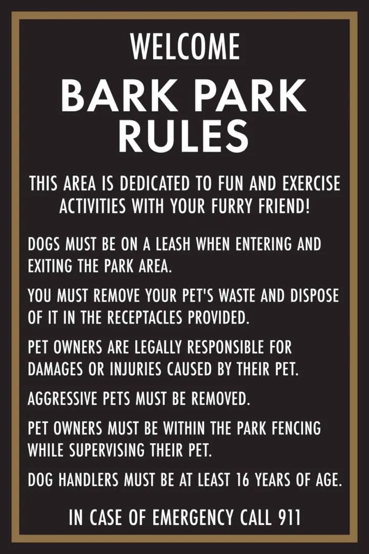 Bark park rules sign with guidelines displayed.