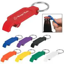 Colored bottle openers with keychain rings.
