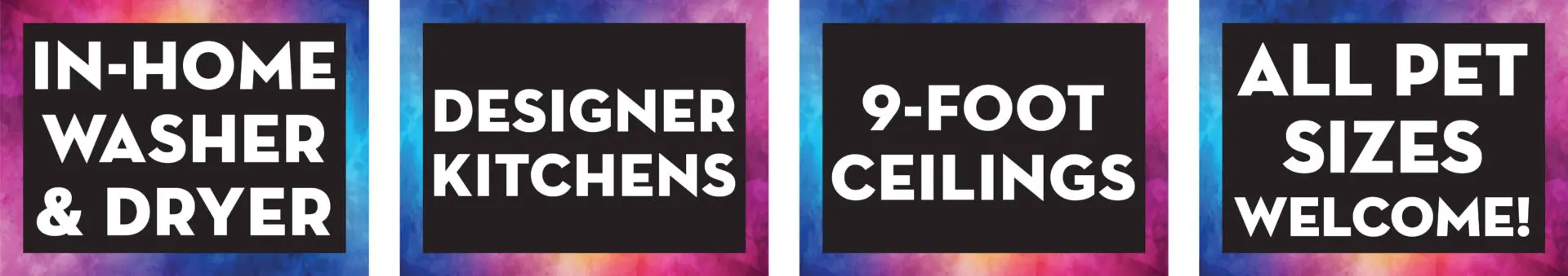 Apartment features and pet-friendly policy signs.