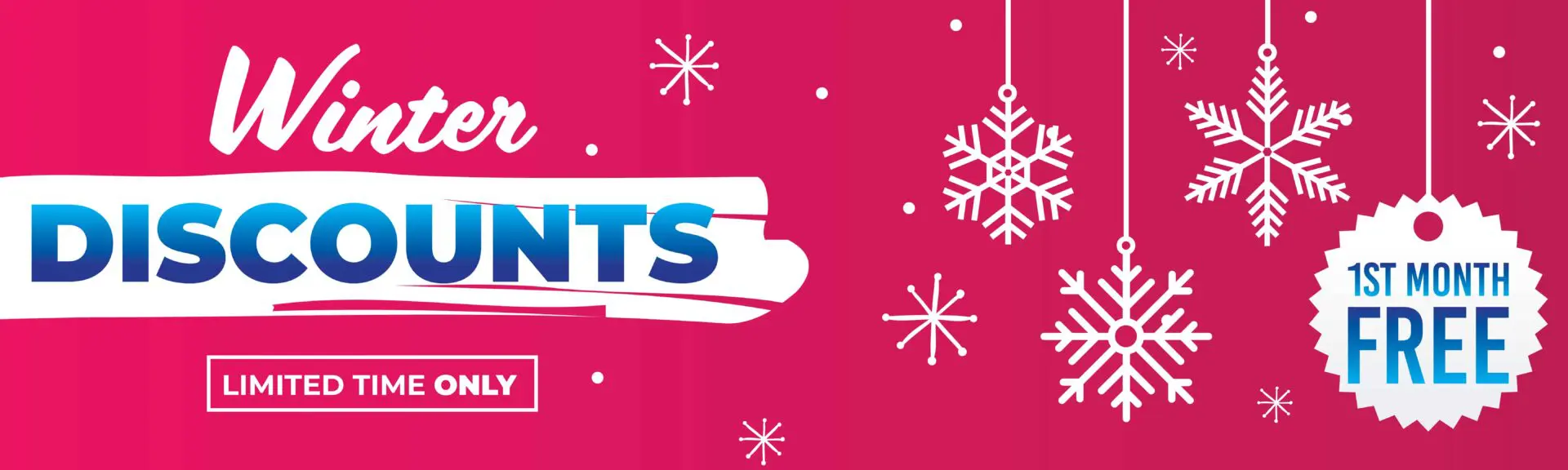 Winter discounts banner with snowflakes and offer.