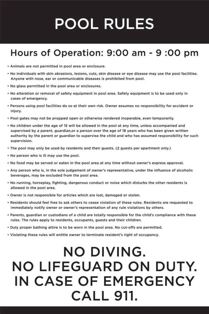Pool rules and emergency contact information.