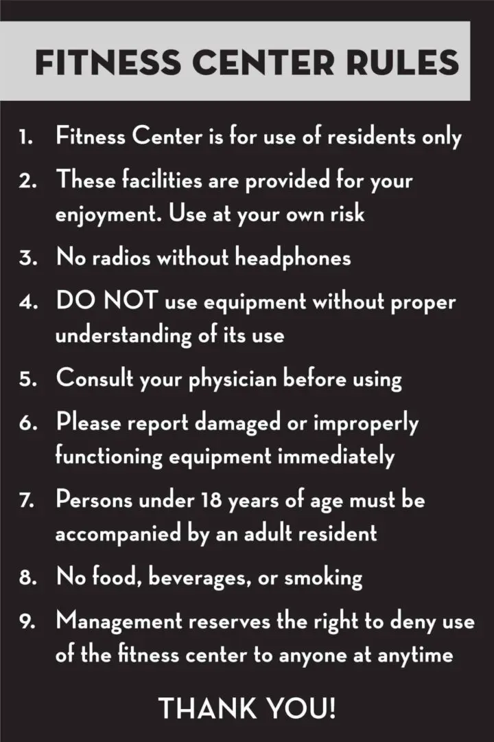 Fitness center rules list on black background.
