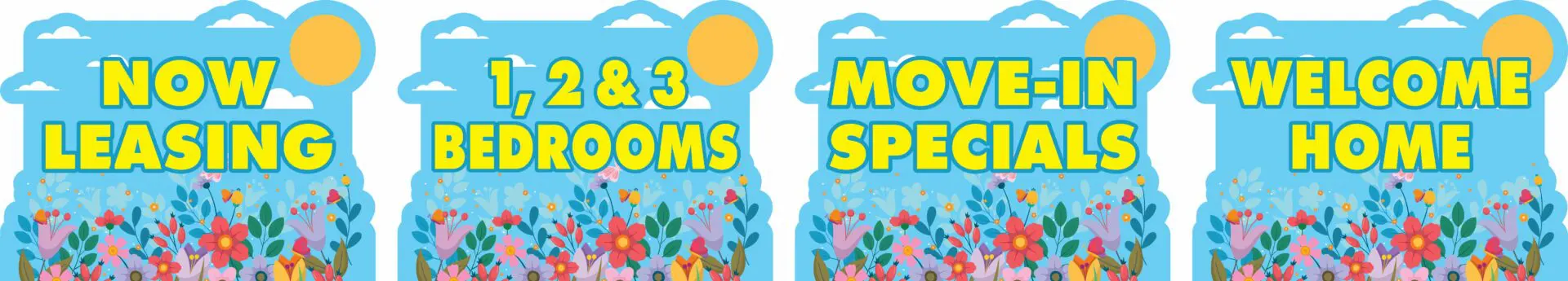 Apartment leasing advertisement with floral background.