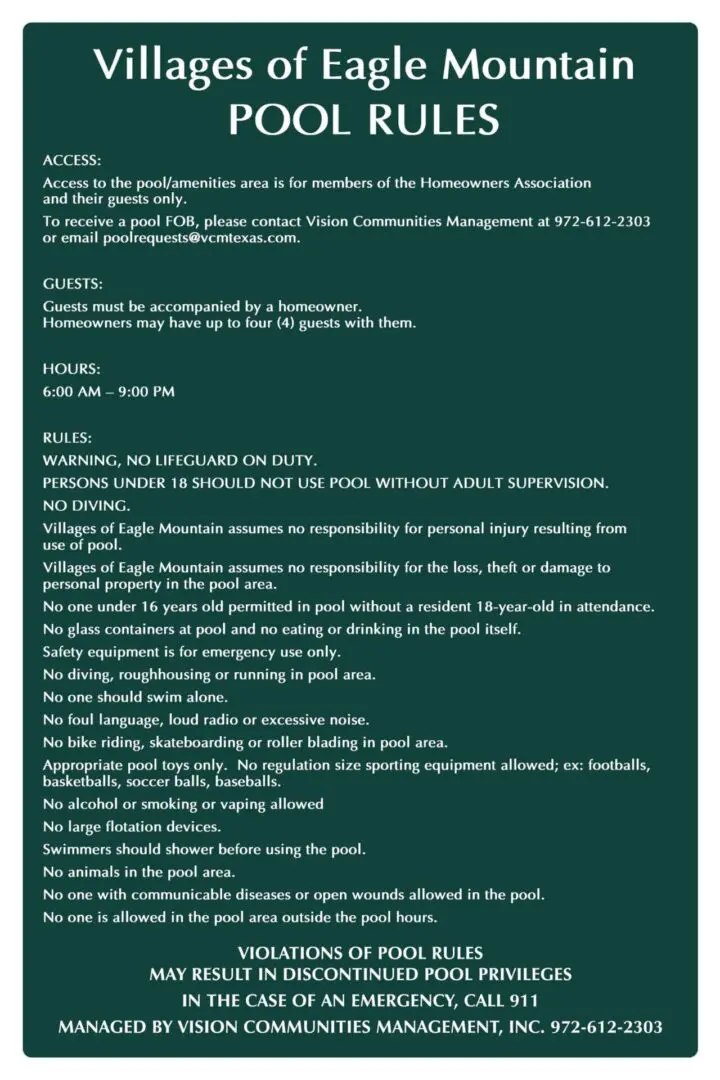 Eagle Mountain pool rules sign.