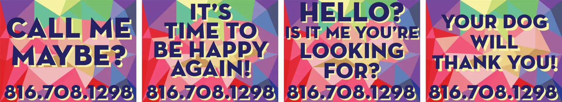 Colorful text with phone number displayed.