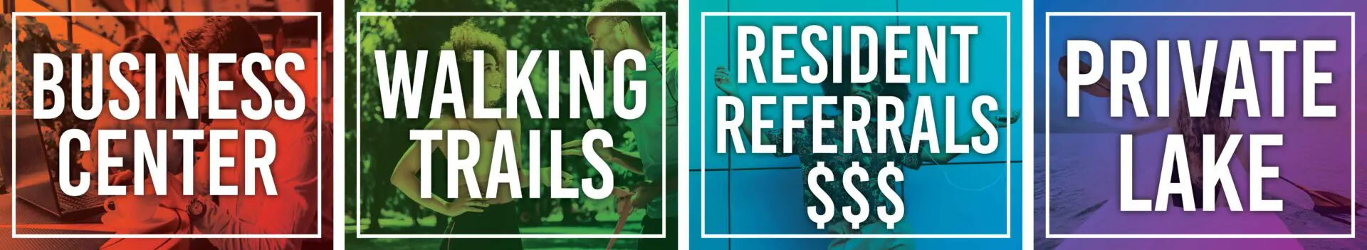 Business center, walking trails, referrals, private lake.