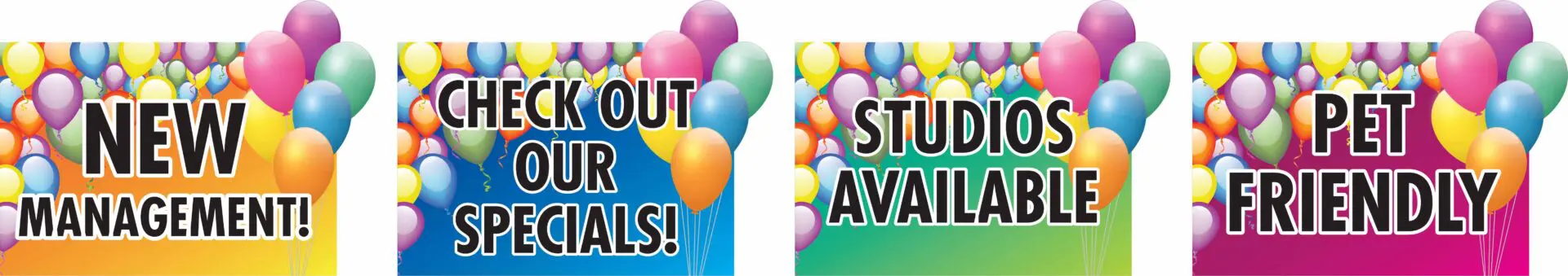 Colorful banners with balloons promoting offers.