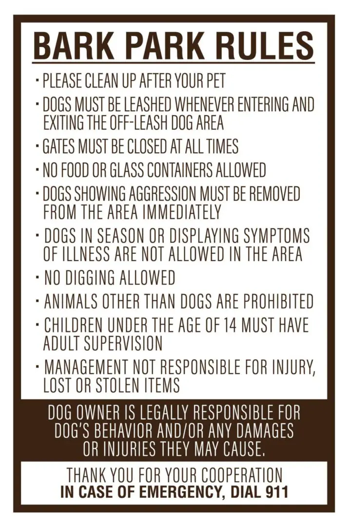 Bark park rules sign with regulations.