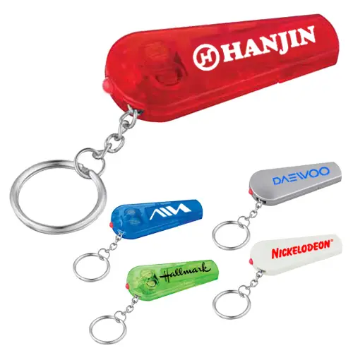 Colorful branded keychain flashlights with logos.