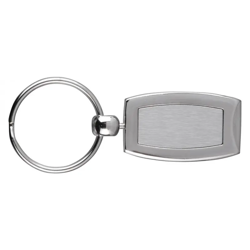 Silver rectangular metal keychain on ring.