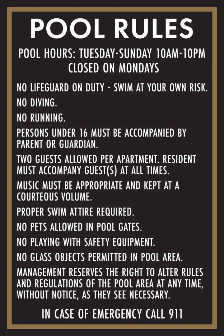 Pool rules and regulations sign.