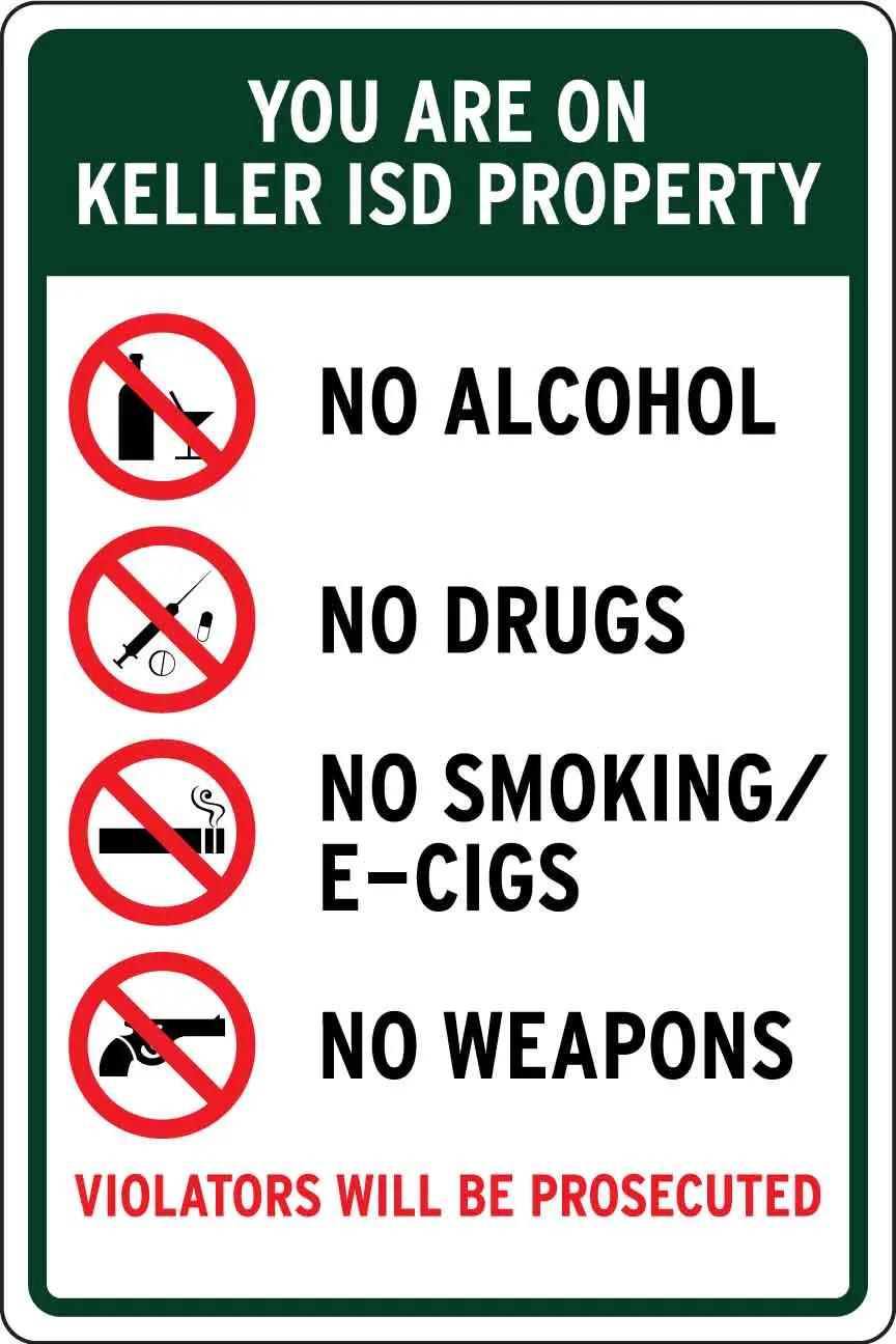 No alcohol, drugs, smoking, weapons allowed sign.