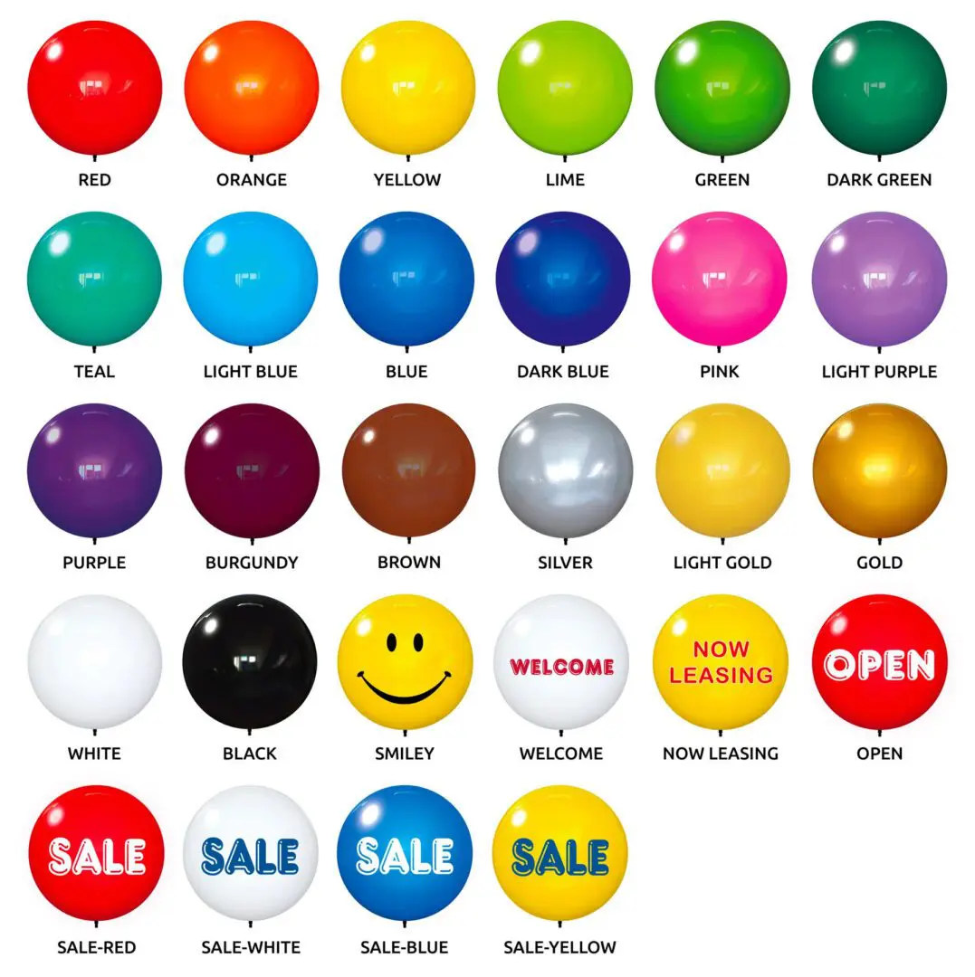 Colorful balloons with various colors and labels.