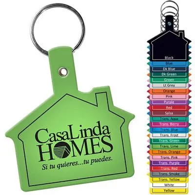 Green house-shaped keychain with color options.