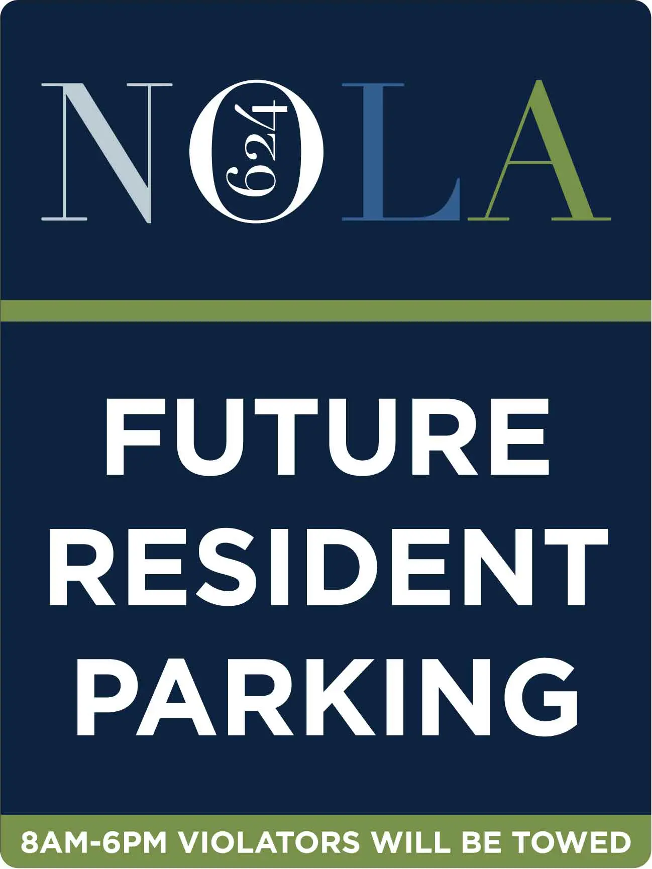 Future resident parking sign with towing notice.