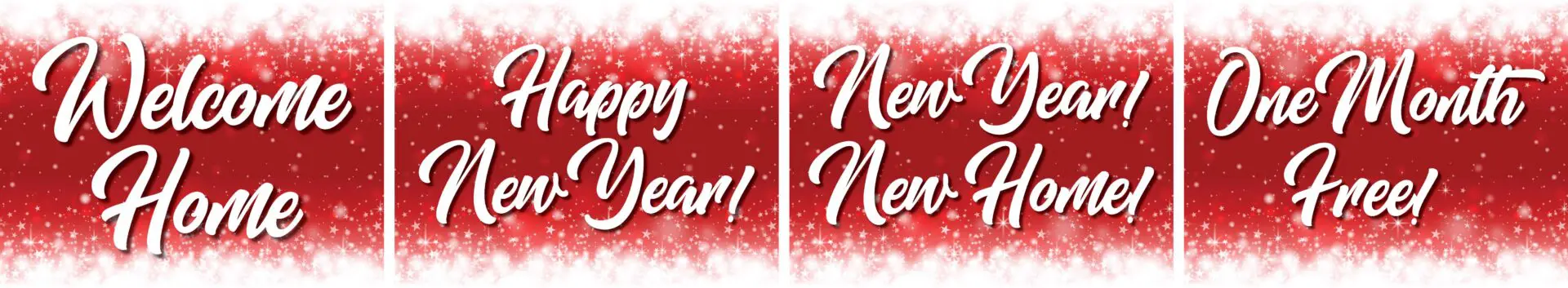 Red festive banners with holiday greetings.